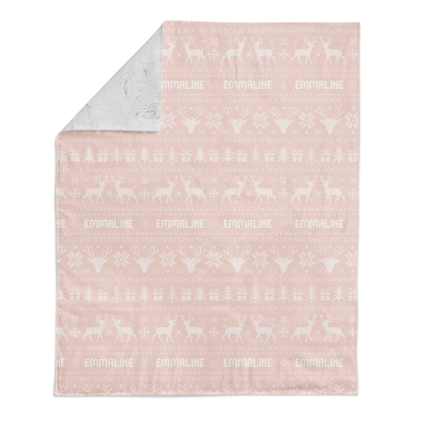 Personalized Name Minky Blanket - Light Pink Holiday Sweater