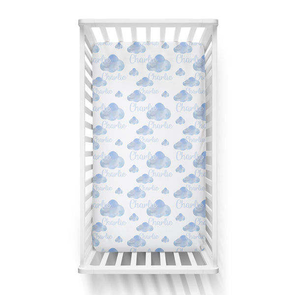 Personalized Name Crib Sheet- BLUE CLOUDS - Dotboxed