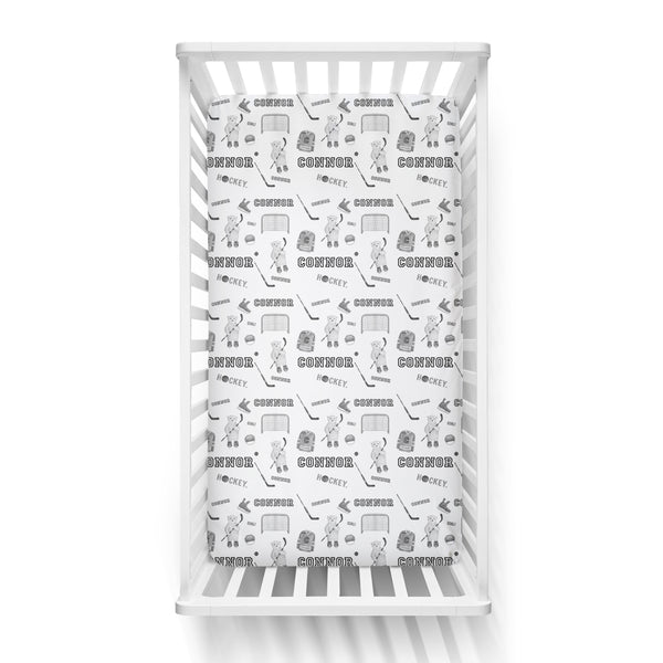 Personalized Name Crib Sheet- HOCKEY BEARS BLACK AND WHITE - Dotboxed