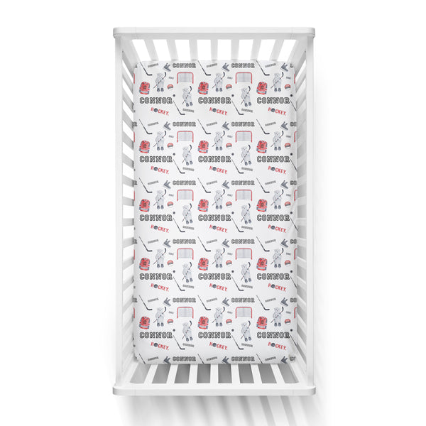 Personalized Name Crib Sheet- HOCKEY BEARS RED - Dotboxed