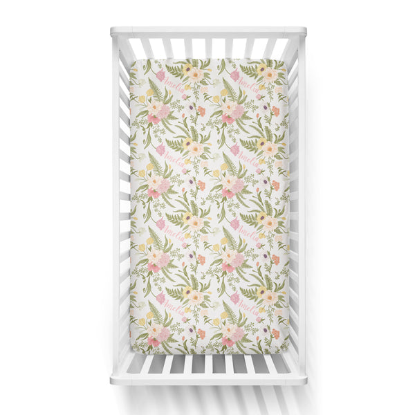 Personalized Name Crib Sheet- BLUSHING VINTAGE FLORAL - Dotboxed