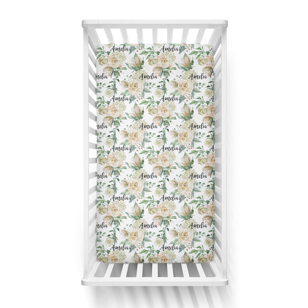 Personalized Name Crib Sheet- CREAM FLORAL - Dotboxed