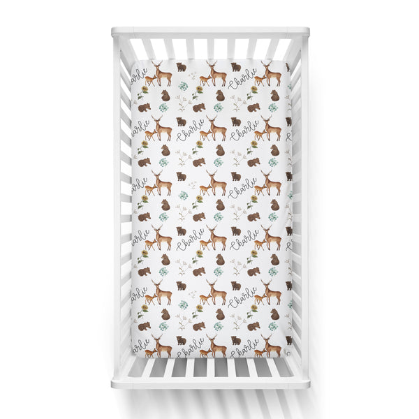 Personalized Name Crib Sheet- DARLING FOREST ANIMALS - Dotboxed