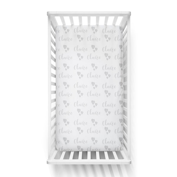 Personalized Name Crib Sheet- GREY WATERCOLOR HEARTS - Dotboxed