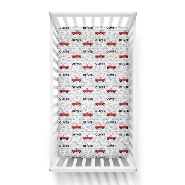 Personalized Name Crib Sheet- RED TRUCKS - Dotboxed