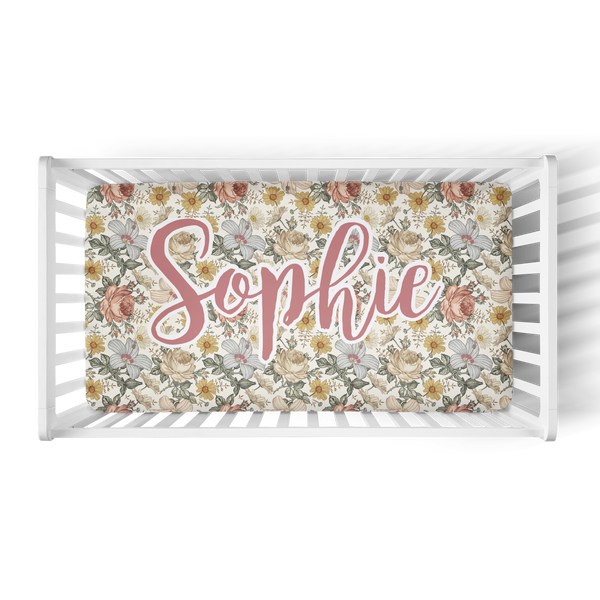 Personalized Name Crib Sheet- Blue Nursery Floral - Dotboxed