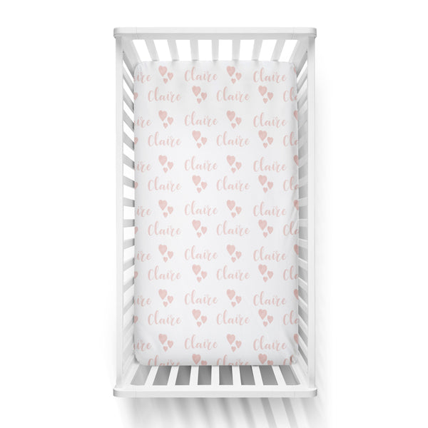 Personalized Name Crib Sheet- PINK WATERCOLOR HEARTS - Dotboxed