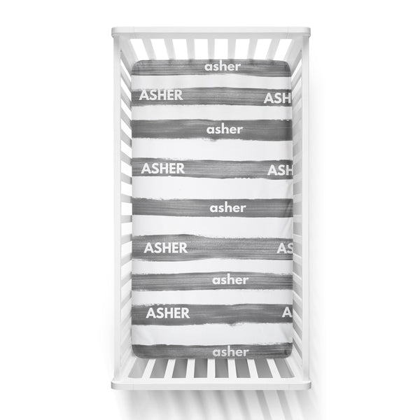 Personalized Name Crib Sheet- LARGE CHARCOAL STRIPES - Dotboxed