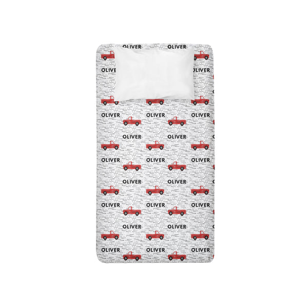 Personalized Name Twin Sheet- RED TRUCKS - Dotboxed