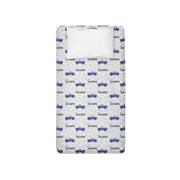 Personalized Name Twin Sheet- BLUE TRUCKS - Dotboxed