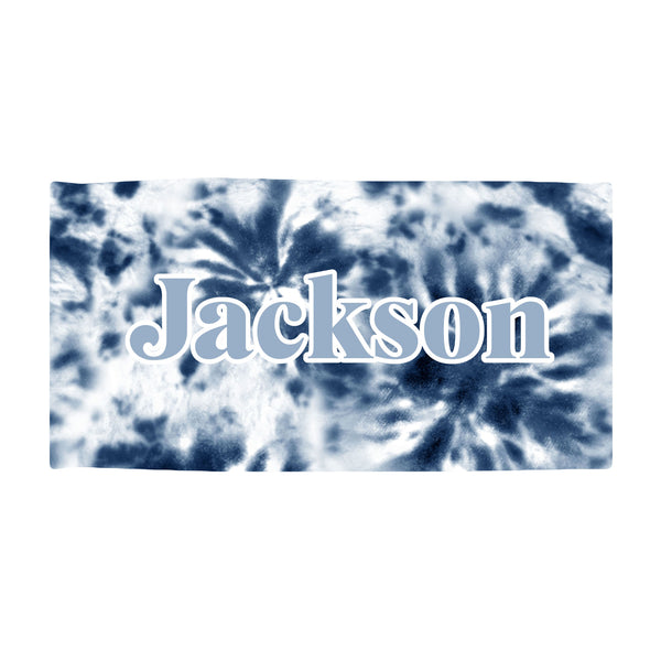 Beach Towel with Large Centered Name - Blue Tie Dye