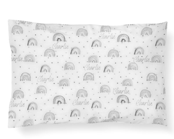 Personalized Name Pillowcase - GREY WATERCOLOR RAINBOWS - Dotboxed