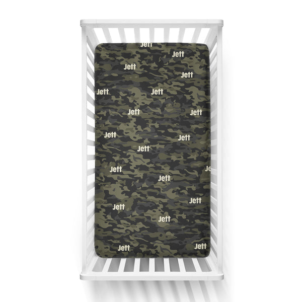 Personalized Name Crib Sheet-  CAMOUFLAGE GREEN - Dotboxed