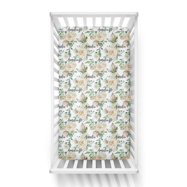 Personalized Name Crib Sheet-  CREAM FLORAL - Dotboxed