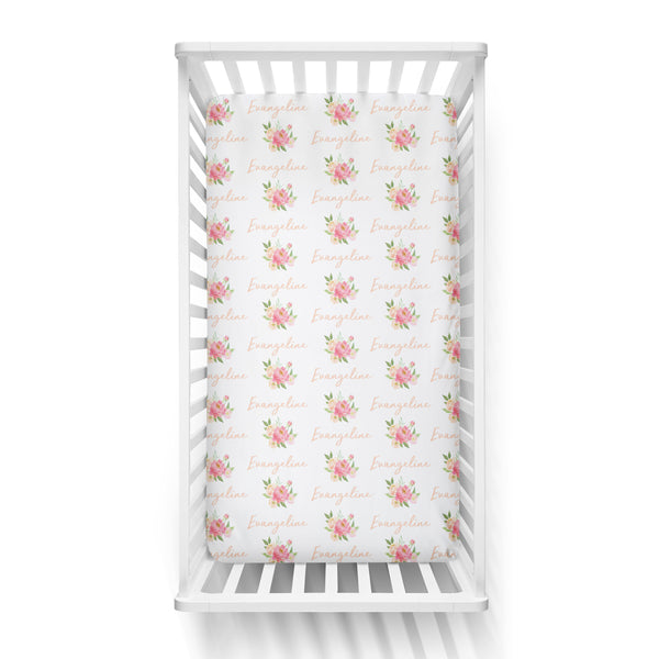 Personalized Name Crib Sheet-  PEONY BUNCH - Dotboxed