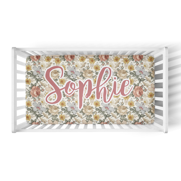 Personalized Name Crib Sheet-  Blue Nursery Floral - Dotboxed