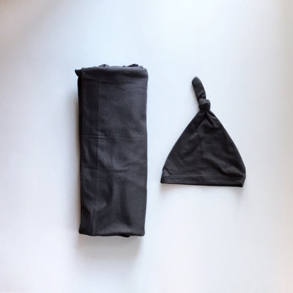 Charcoal  - swaddle - BLANKET + TIED KNOT BEANIE - Dotboxed