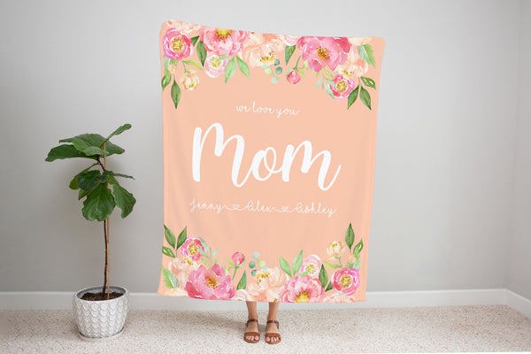 Family Name Minky Blanket - Peony Frame Floral on Peach *2 Layer