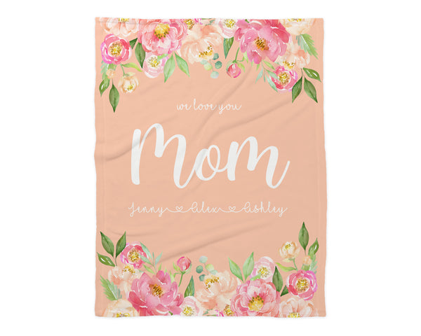 Family Name Minky Blanket - Peony Frame Floral on Peach *2 Layer