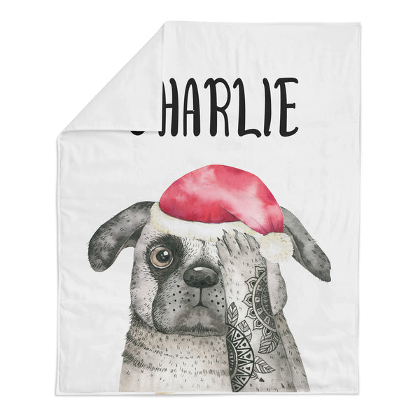 *HOLIDAY LIMITED EDITION* Personalized Name Minky Blanket -  PUG WITH SANTA HAT - Dotboxed
