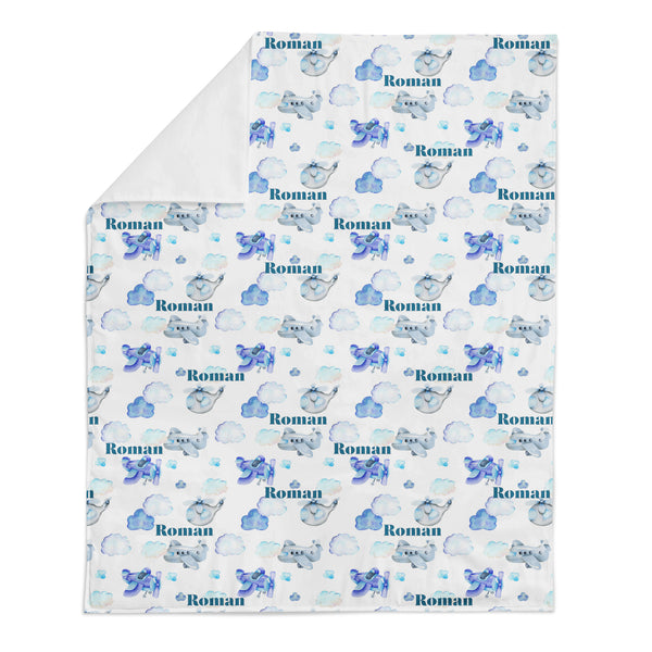 Personalized Name Minky Blanket - BLUE AIRPLANES