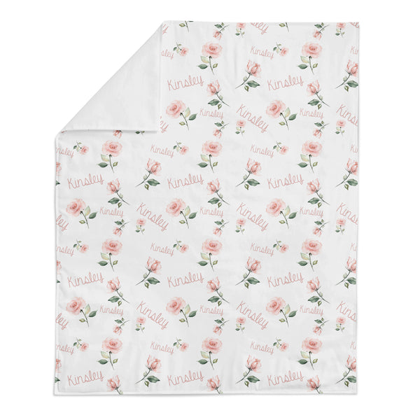 Personalized Name Minky Blanket -  LIGHT PINK ROSES