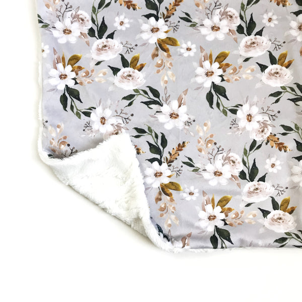 Minky Blanket - Caramel and Olive Floral on Cloud Grey - Dotboxed