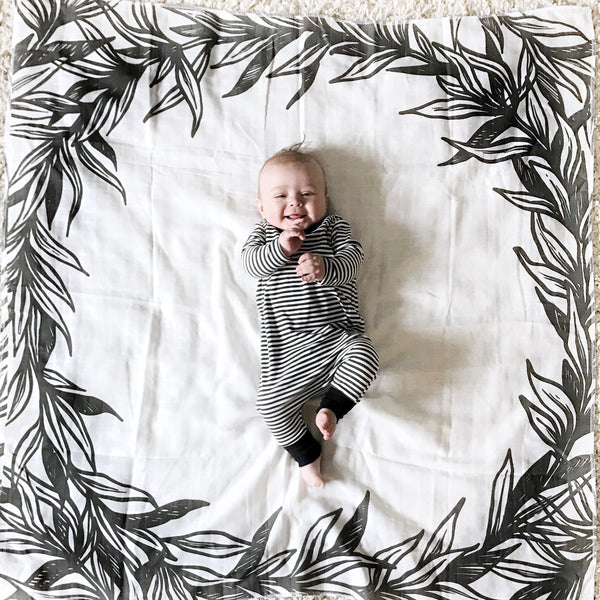 SLIGHTLY IMPERFECT- MUSLIN SWADDLE BLANKET - B+ W LEAVES FRAME - Dotboxed