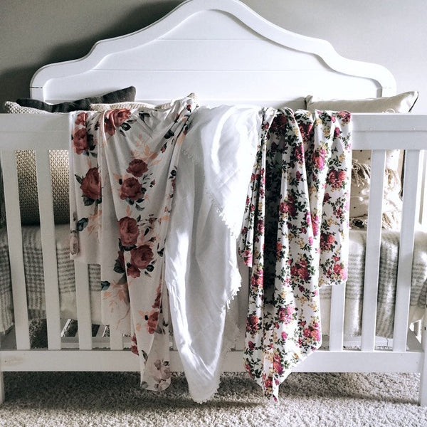 Chartreuse Purple on White Floral  - swaddle - BLANKET ONLY - Dotboxed