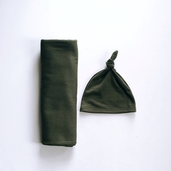 Olive Green  - swaddle - BLANKET + TIED KNOT BEANIE - Dotboxed