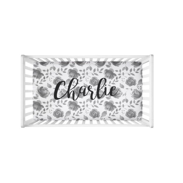 B+W Floral Centered Name - Personalized Name Bedding - Dotboxed