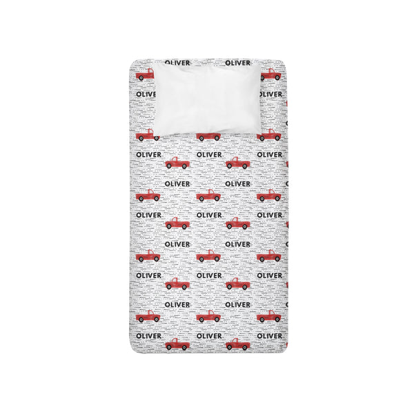 Personalized Name Twin Sheet-  RED TRUCKS - Dotboxed